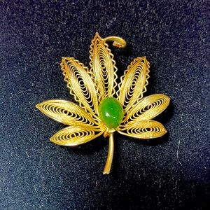 Vintage gold leaf jade colored stone brooch lovely gift